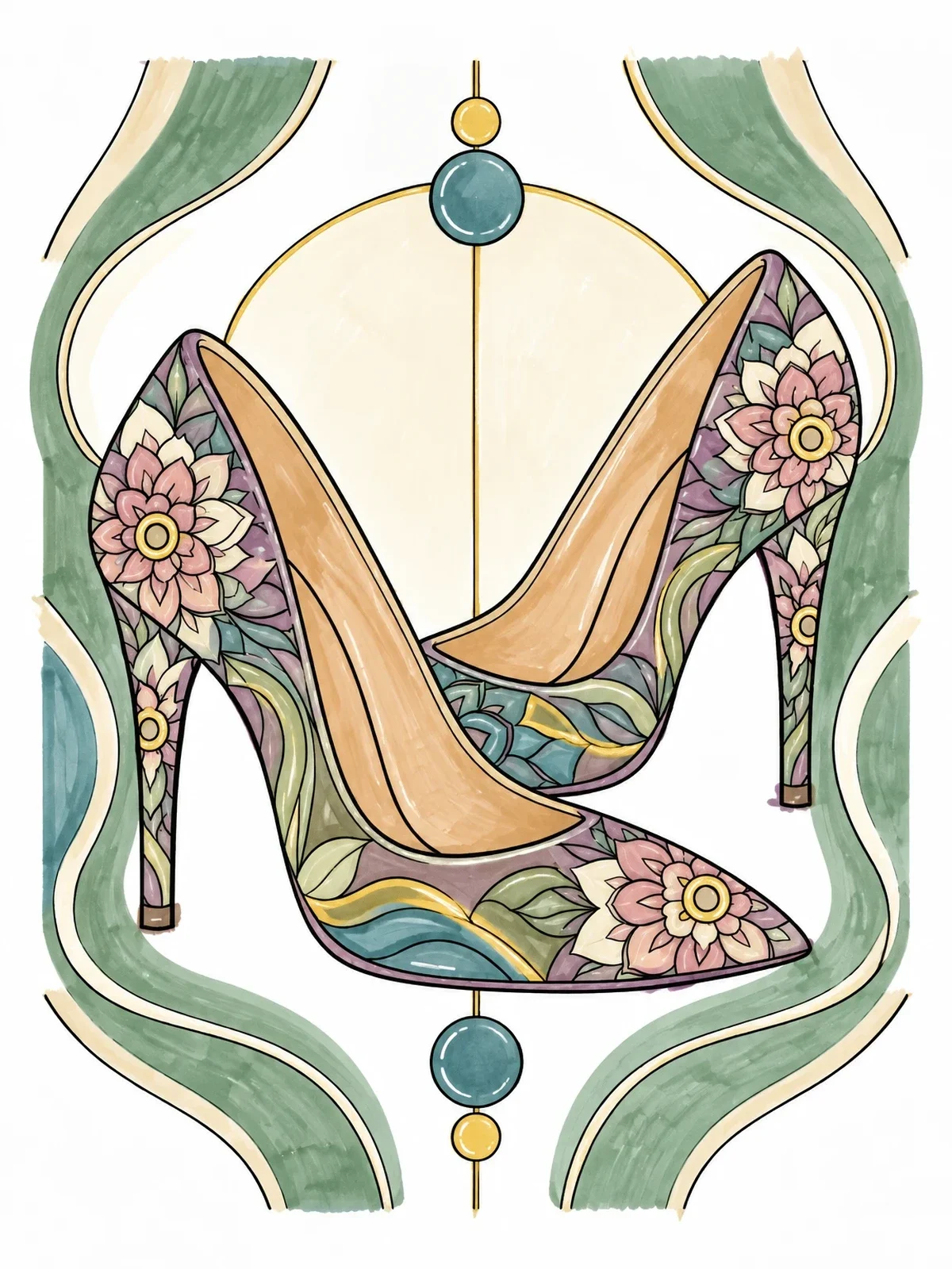 Colored example of the Floral Patterned High Heel Pumps coloring page