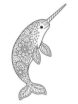 A detailed narwhal coloring page with floral mandala patterns on its body.