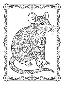 An ornate floral rat coloring page framed by a decorative botanical border.