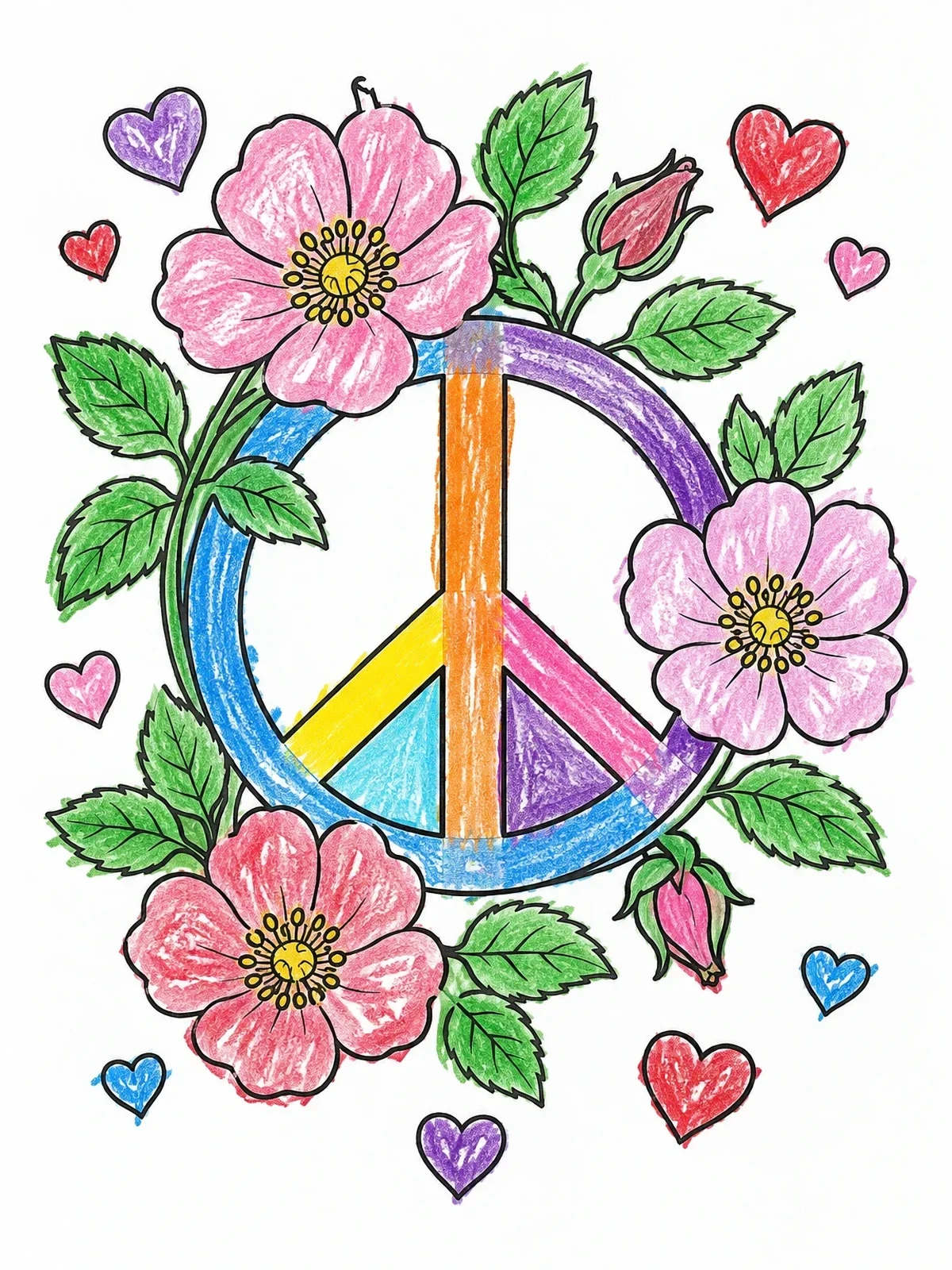 Colored example of the Floral Peace Sign And Hearts coloring page