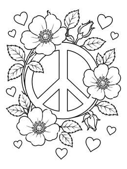 Free printable Floral Peace Sign And Hearts coloring page
