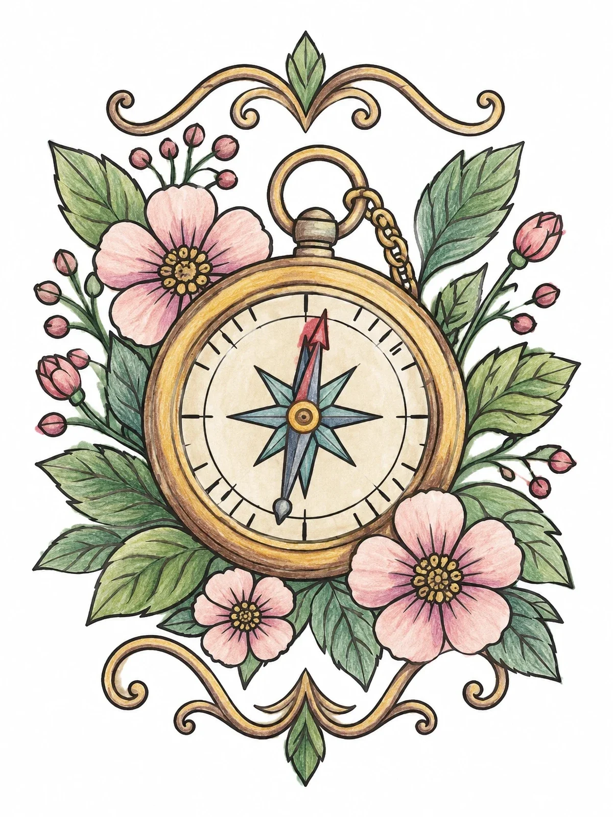 Colored example of the Floral Pocket Compass With Ornaments coloring page