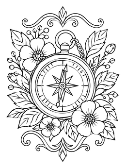 Free printable Floral Pocket Compass With Ornaments coloring page