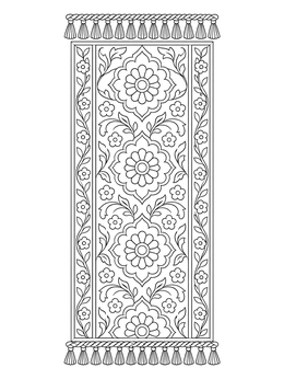 An ornate runner rug coloring page featuring floral rosettes and braided tassel borders.