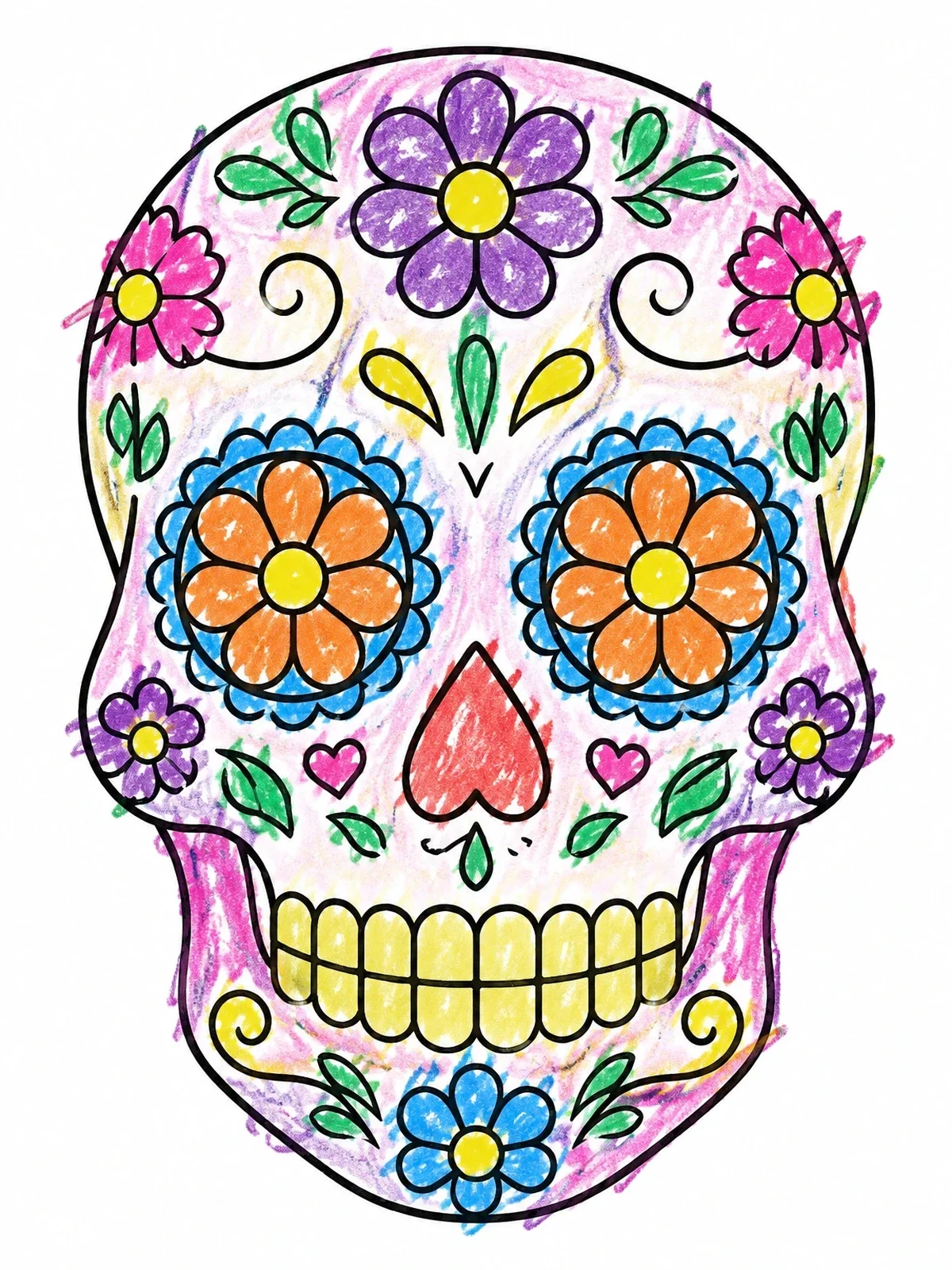 Colored example of the Decorative Floral Sugar Skull coloring page