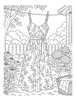 A summer dress coloring page hanging on a garden clothesline.