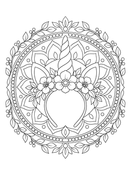 A detailed unicorn mandala coloring page showing a party horn headband surrounded by floral wreaths.