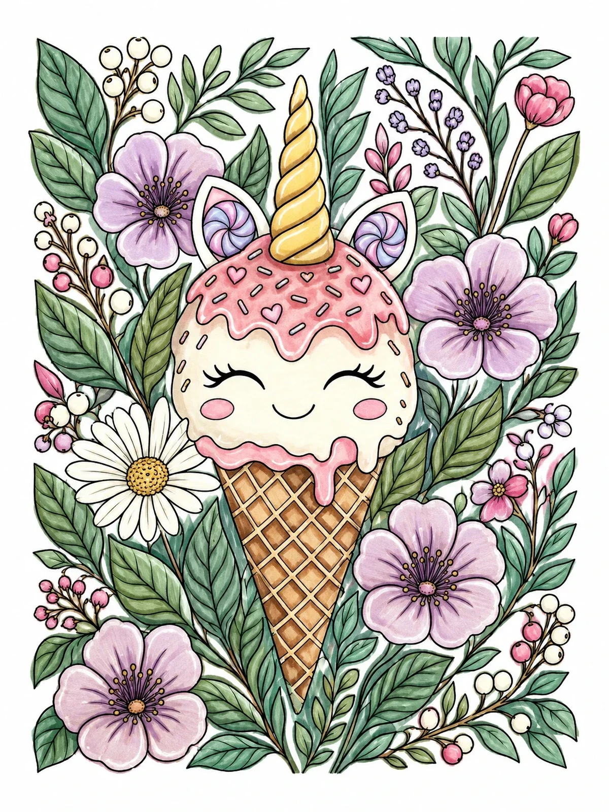 Colored example of the Floral Unicorn Ice Cream Cone coloring page