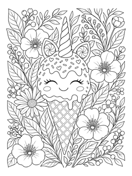 Intricate unicorn ice cream coloring page featuring a smiling dessert cone surrounded by blooming flowers and leaves.