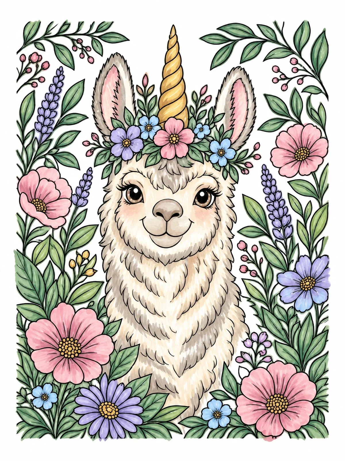 Colored example of the Floral Unicorn Llama Portrait coloring page