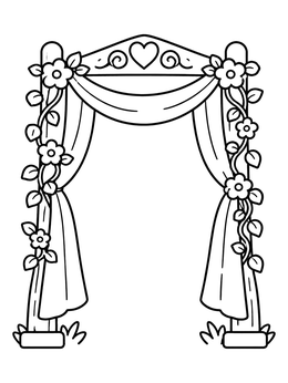 A decorative wooden archway draped in fabric on this wedding coloring page.