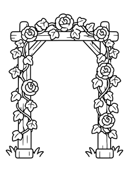A floral wedding coloring page featuring a wooden arbor wrapped in blooming roses and ivy.