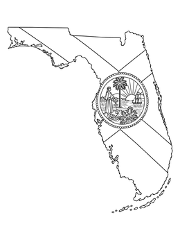 Detailed florida state coloring page featuring the state map outline filled with its official seal design.