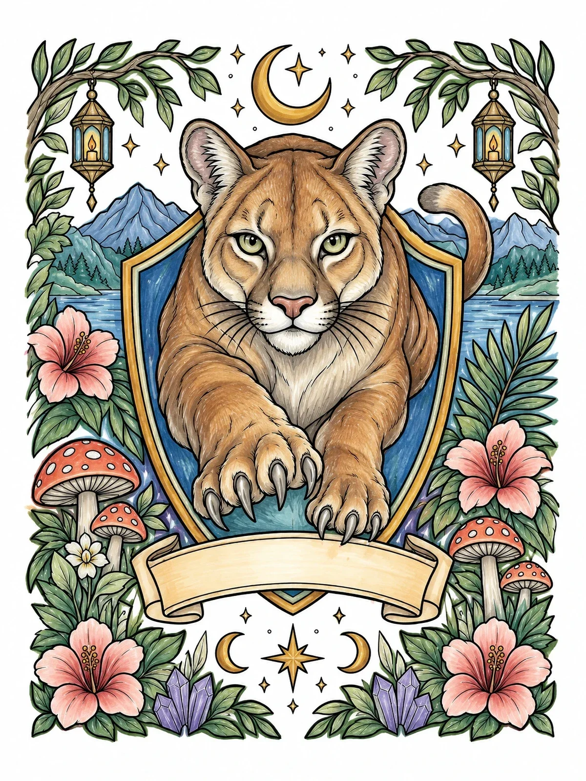 Colored example of the Florida Panther Crest With Ribbon coloring page