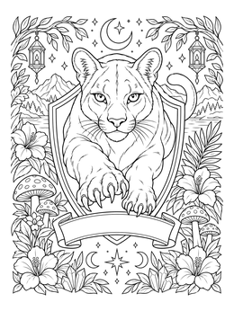 Detailed florida panther coloring page featuring a panther crest, banner, and botanical details.
