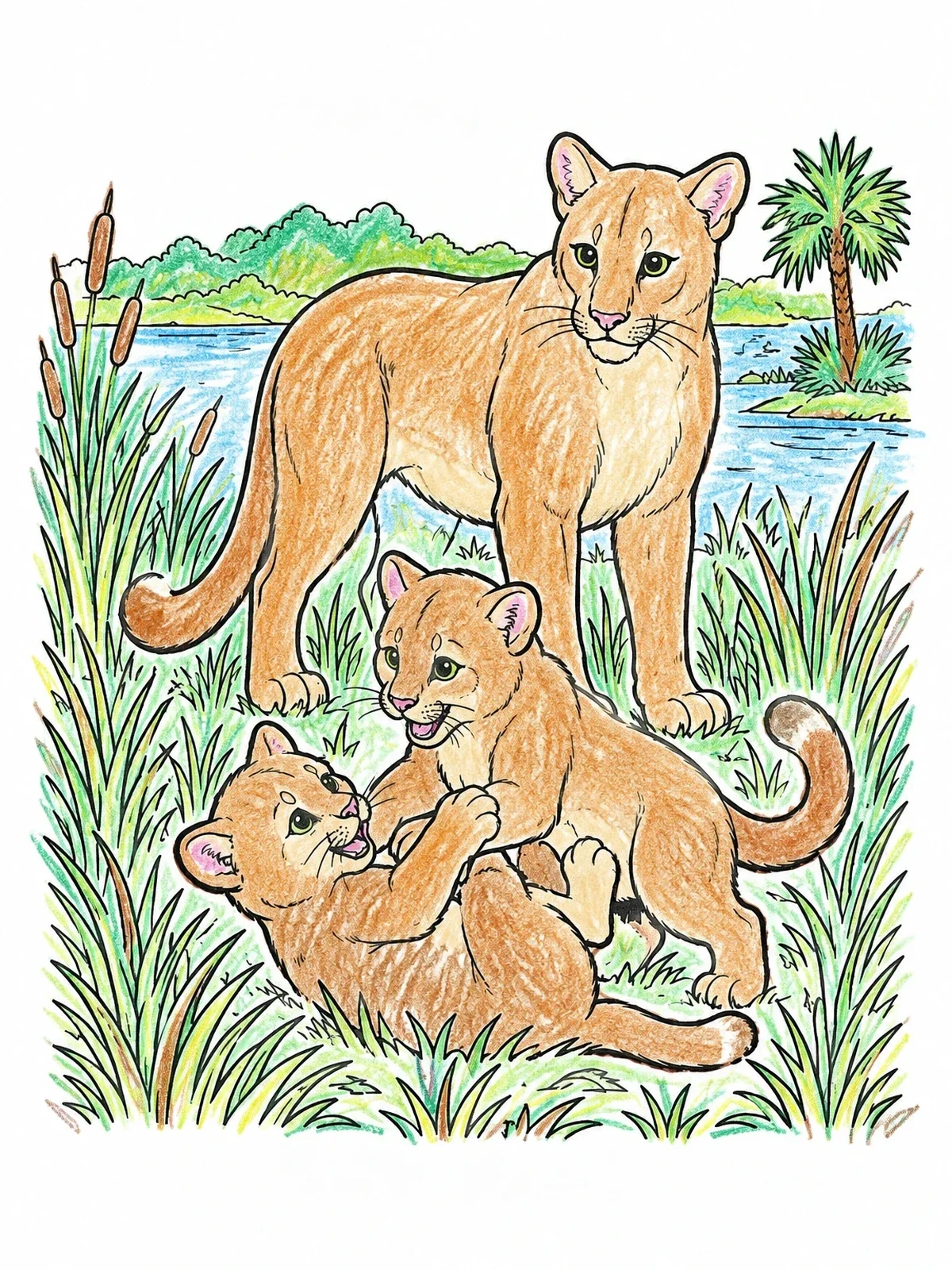 Colored example of the Florida Panther Mother With Playful Cubs coloring page