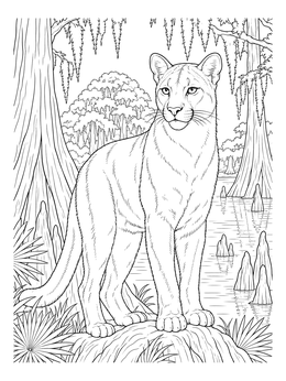 A detailed florida panther coloring page standing proud near swamp cypress trees.