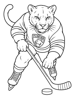 An athletic florida panther coloring page featuring the feline playing ice hockey with stick and puck.
