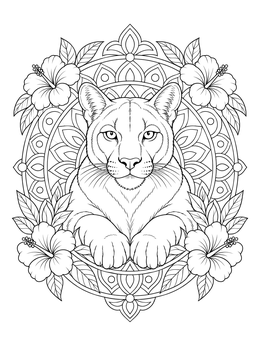 A detailed Florida panther coloring page surrounded by hibiscus flowers and a mandala.