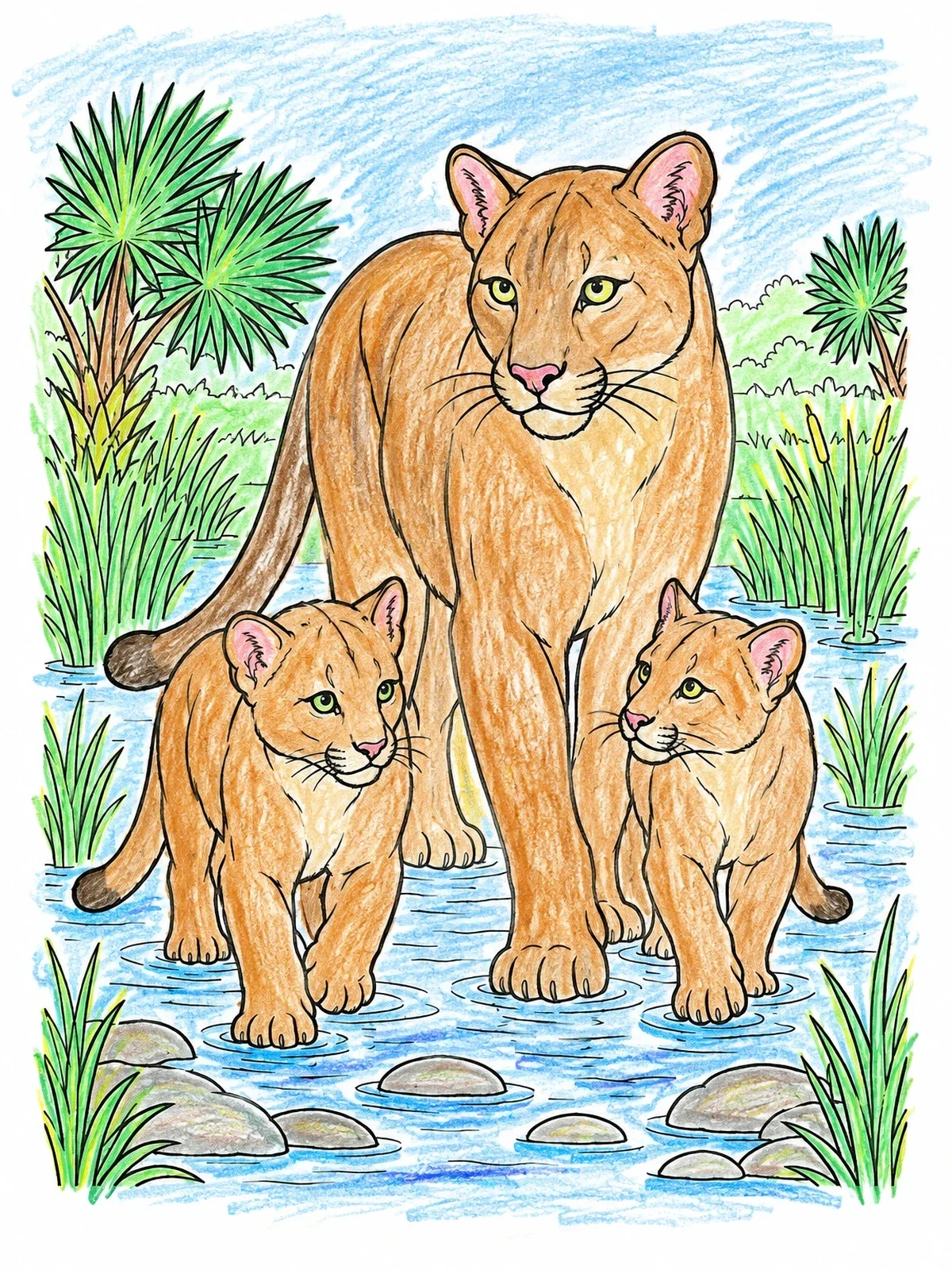 Colored example of the Florida Panther Mother With Two Cubs coloring page