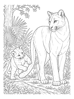 A playful cub plays near its mother in this florida panther coloring page.