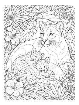 A mother resting with two cubs in this detailed Florida panther coloring page.