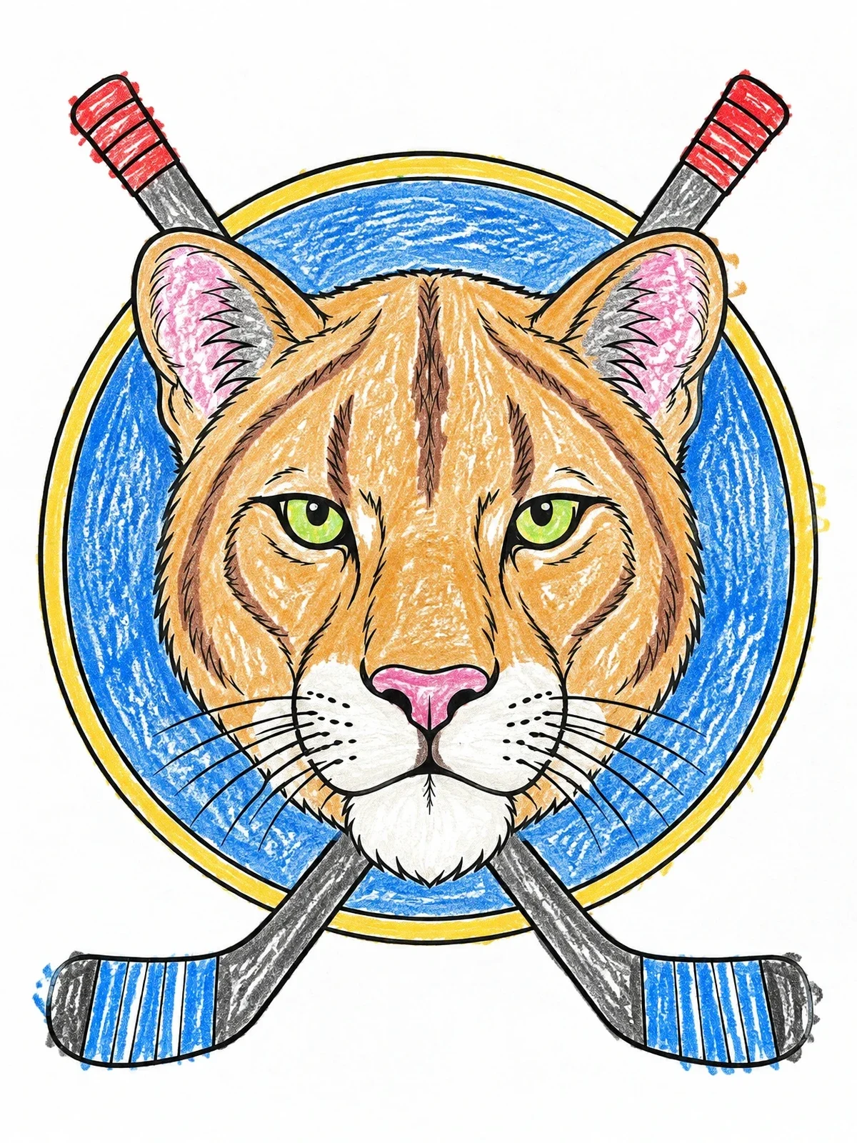 Colored example of the Panther Head With Crossed Hockey Sticks coloring page
