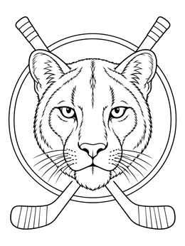 A detailed florida panther coloring page featuring a panther head emblem framed by crossed ice hockey sticks.