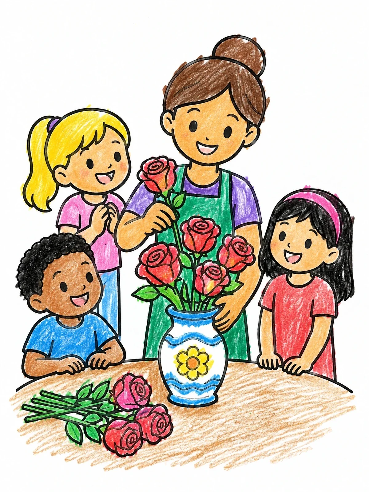 Colored example of the Florist Arranging Roses With Children coloring page