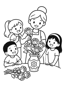 Free printable Florist Arranging Roses With Children coloring page