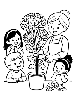 Free printable Florist Trimming Chrysanthemums With Children coloring page