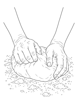 Two hands knead fresh bread dough in this detailed flour coloring page.