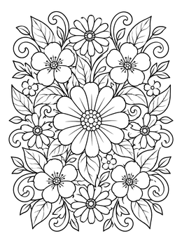 A decorative flower coloring page with blooming blossoms, leaves, and curly vines.