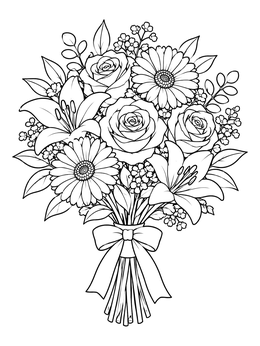 A detailed flower coloring page depicting a lush bouquet of roses, lilies, and daisies tied with a bow.