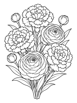 Detailed flower coloring page featuring a bouquet of carnations and ranunculus blossoms.