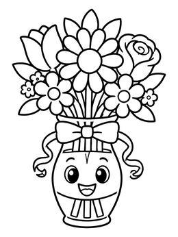 A cheerful flower coloring page featuring a smiling vase with a bow and blossoms.
