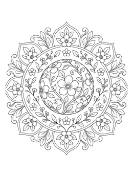 A detailed circular flower coloring page with blooming sprigs and ornamental patterns.