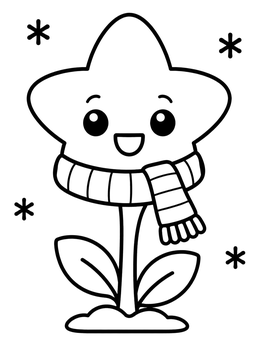 A smiling flower coloring page with a star-shaped bloom wearing a warm scarf among snowflakes.