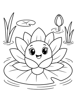 A cheerful water lotus with a smiling face rests on a lily pad in this flower coloring page.