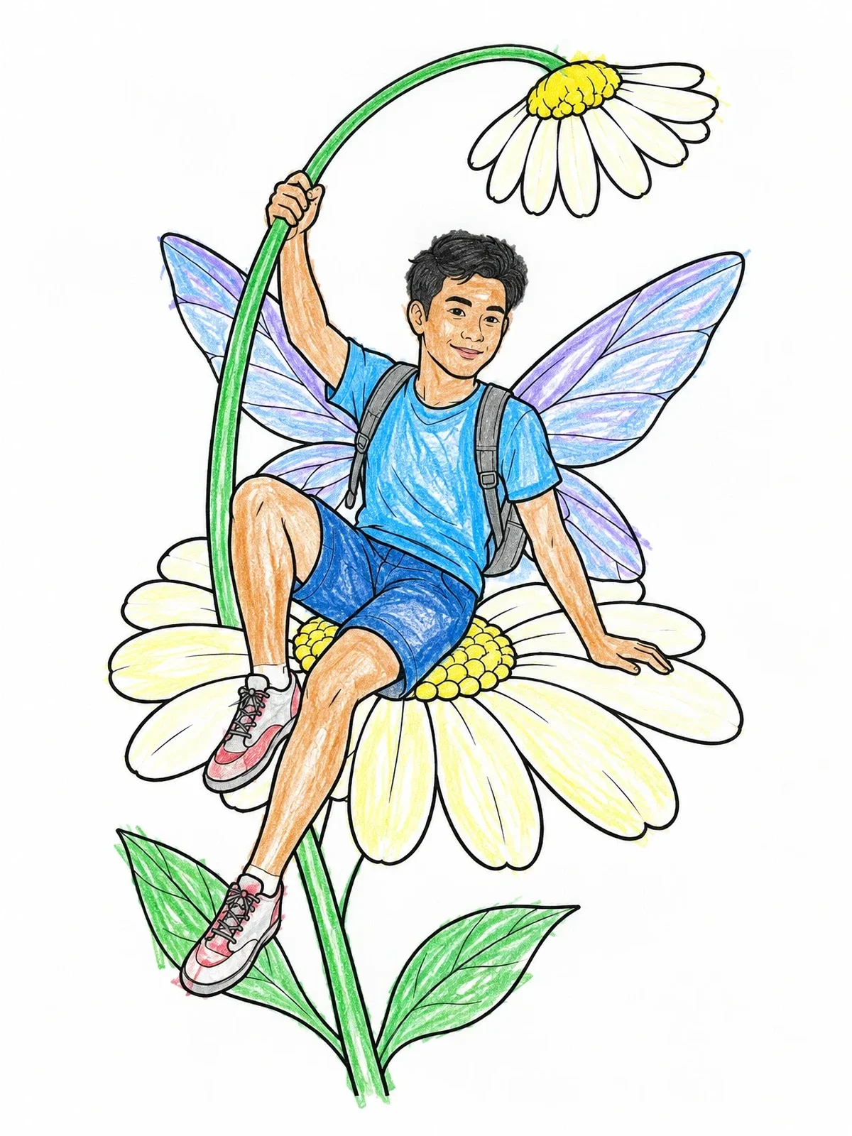 Colored example of the Boy Fairy Resting On Daisy Bloom coloring page