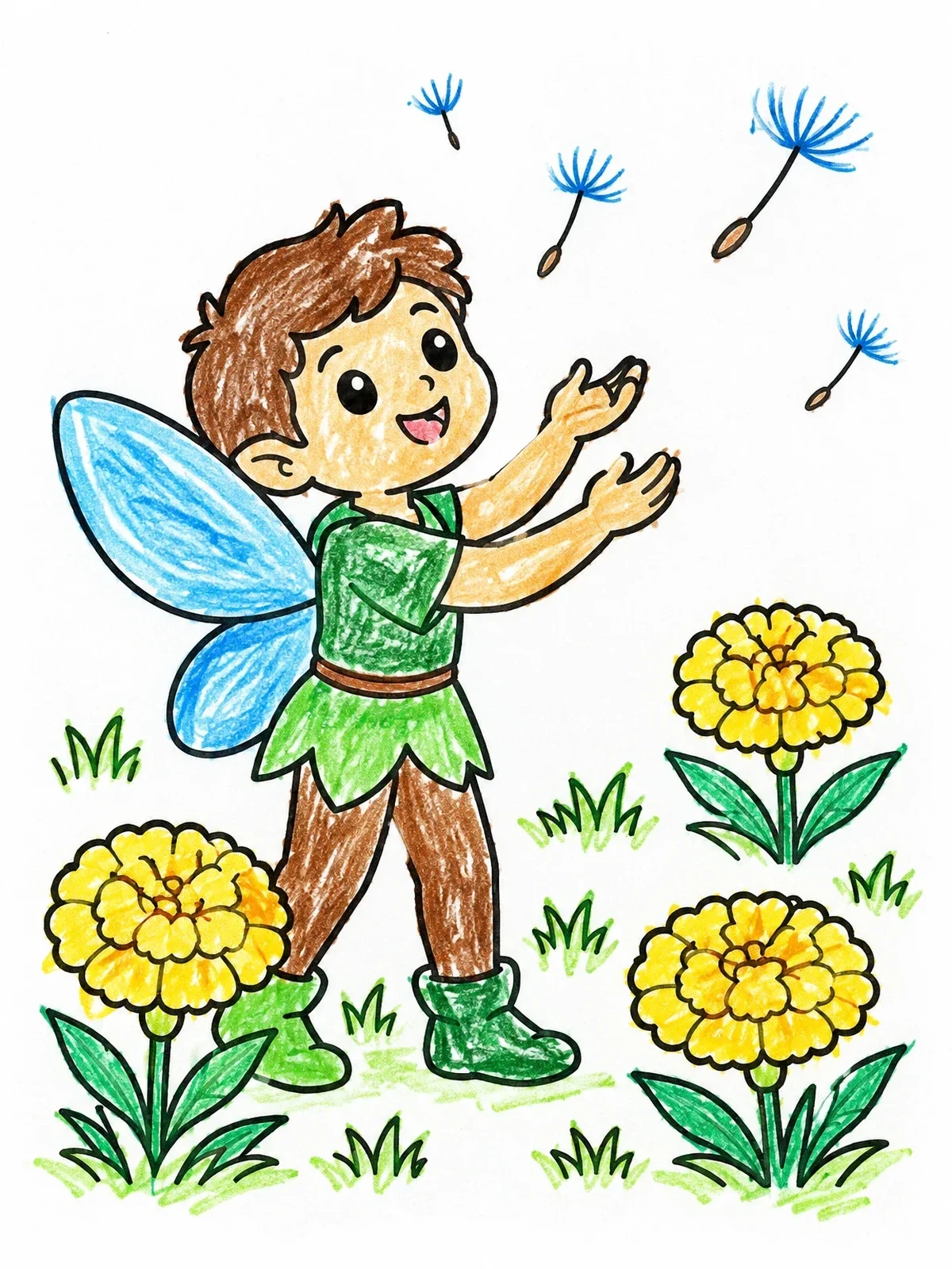 Colored example of the Cute Fairy Catching Dandelion Seeds coloring page