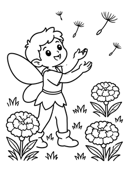 Free printable Cute Fairy Catching Dandelion Seeds coloring page