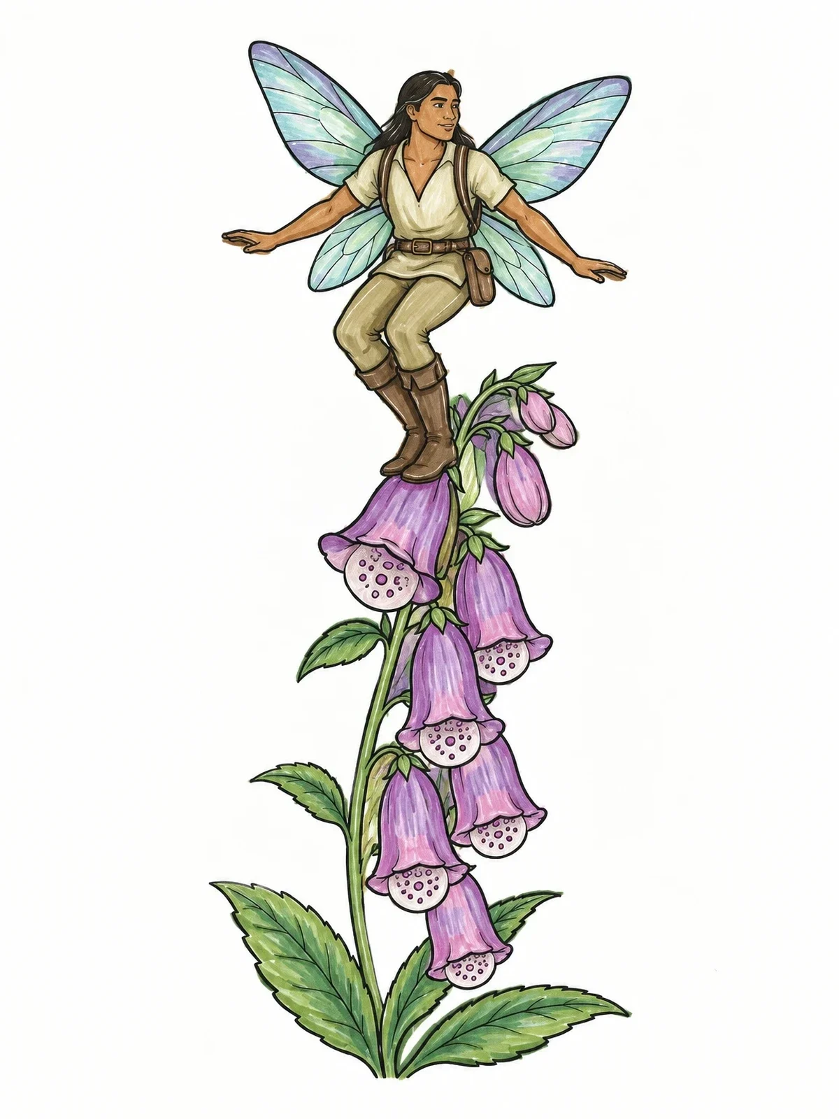 Colored example of the Winged Fairy Perched On Foxglove coloring page