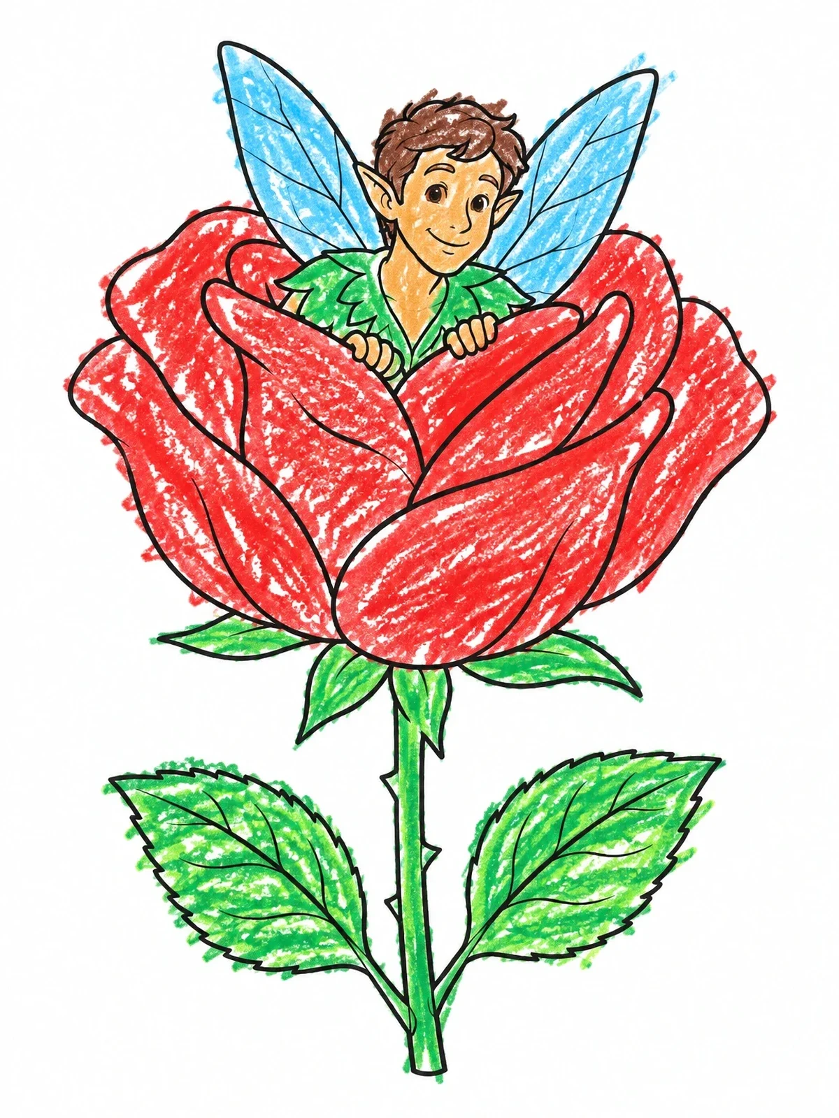 Colored example of the Fairy Peeking From A Rose coloring page