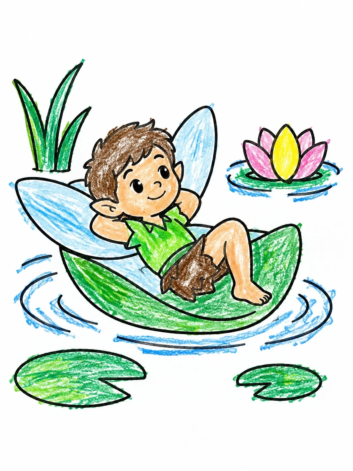 Colored example of the Little Fairy Resting On Petal Boat coloring page