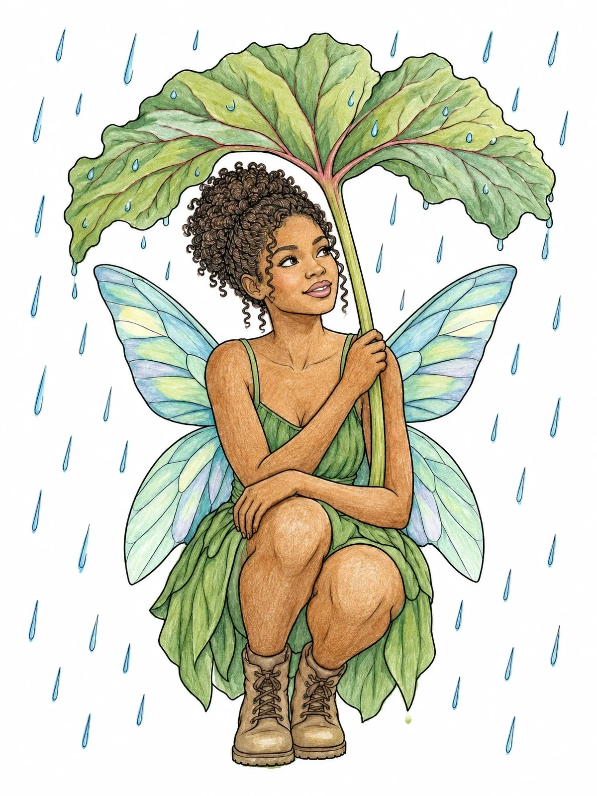 Colored example of the Fairy Sheltering Under Leaf Umbrella coloring page