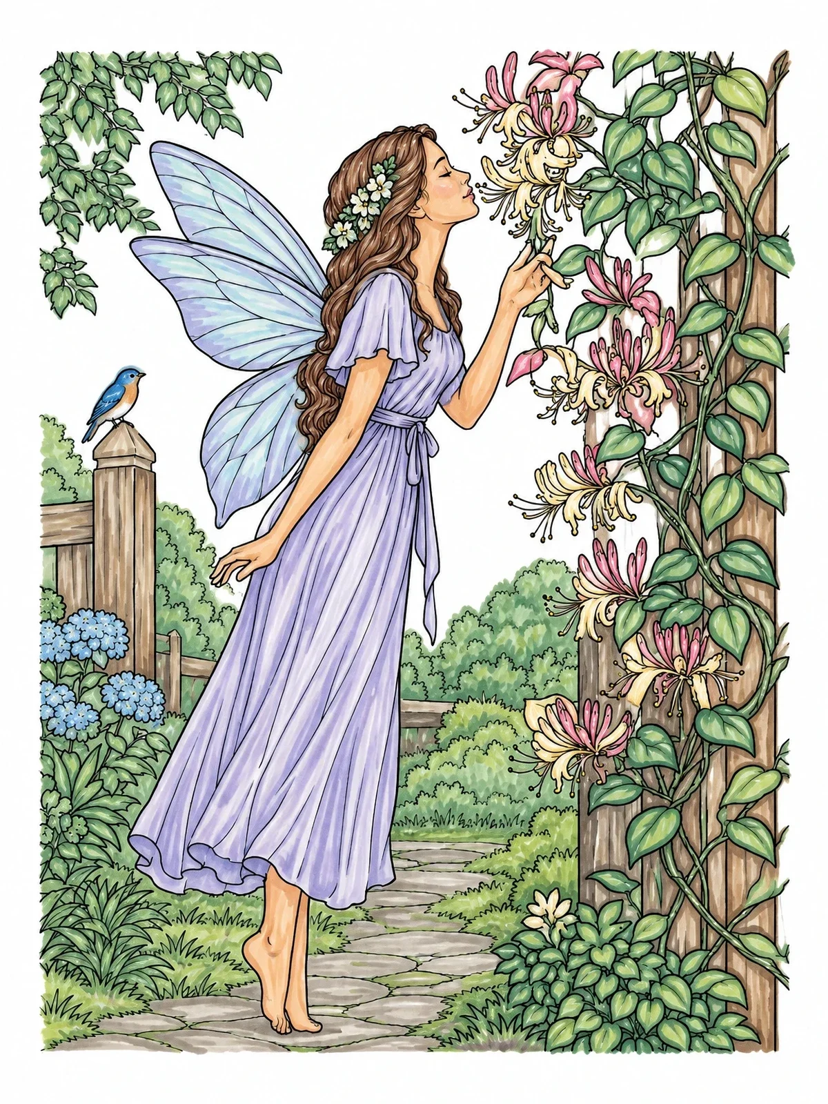 Colored example of the Fairy Smelling Blooming Honeysuckle coloring page