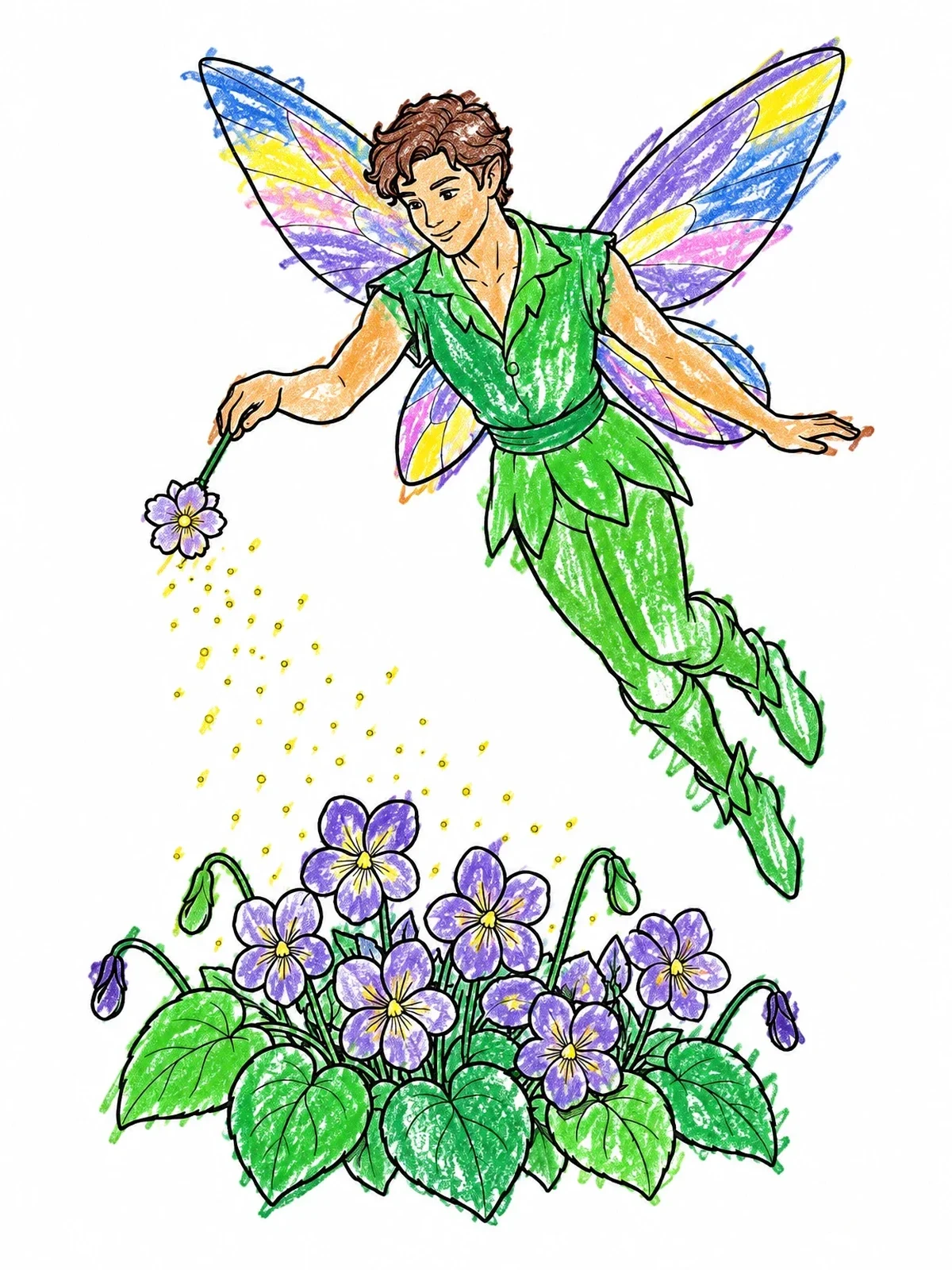 Colored example of the Winged Fairy Sprinkling Pollen Over Violets coloring page
