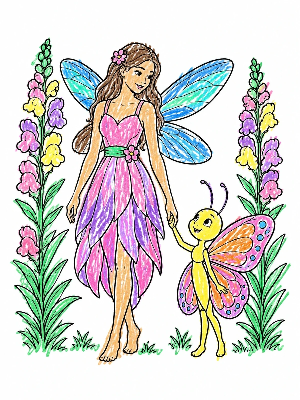 Colored example of the Fairy Walking With Butterfly Friend coloring page