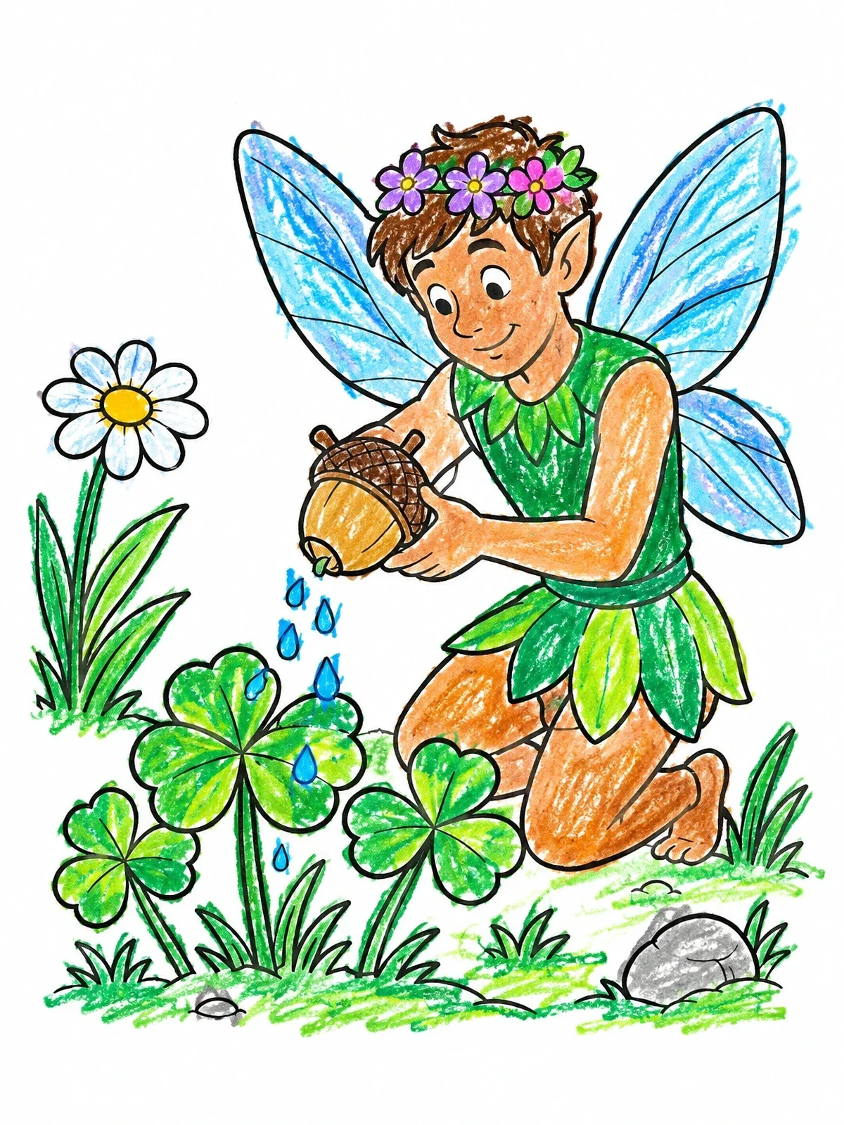 Colored example of the Fairy Watering Clover Leaves coloring page
